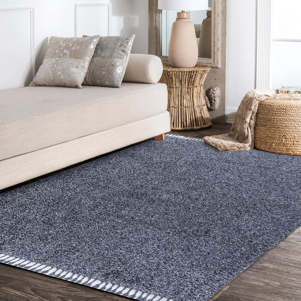 Denim Blue Rectangular Shag Area Rug with Tassels
