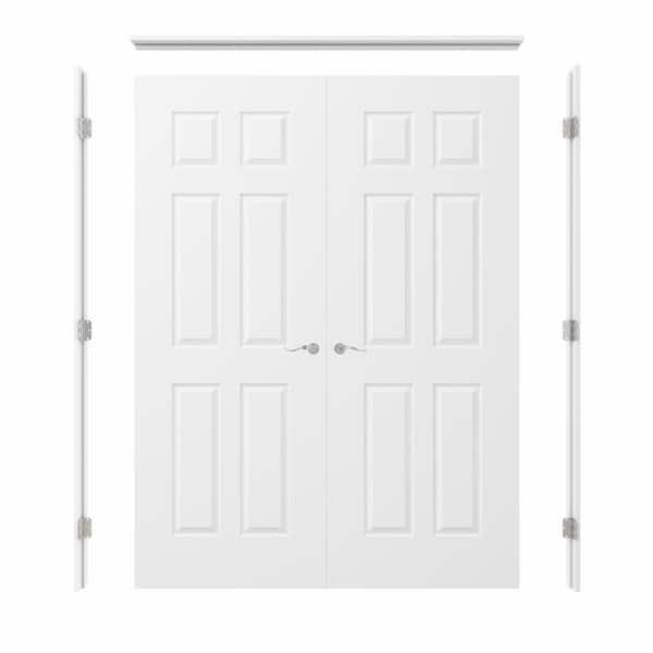 60 in. x 80 in. 6-Panel Universal-Handed Painted Solid Core Wood Double Prehung French Door Plus Quick Assemble Jamb