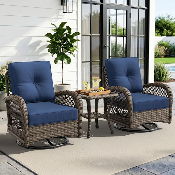 3-Piece Wicker Outdoor Rocking Chair Patio Conversation Set Swivel Chairs with Blue Cushions and Side Table