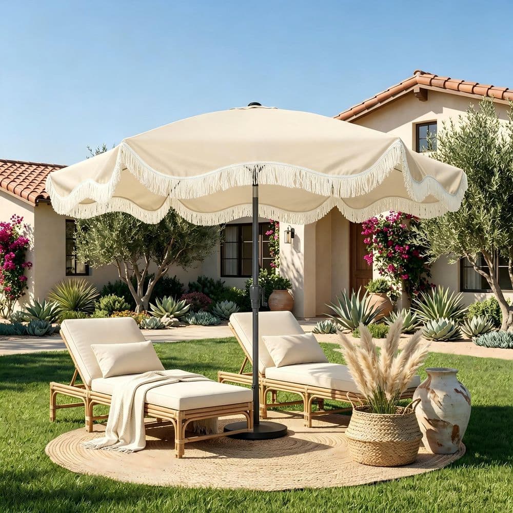 chic patio umbrella 6.5ft Beach | Boho Fringe Parasol Outdoor | UV Protection & Waterproof | Picnic Umbrella for Deck Pool Sun Shade and Outdoor Entertaining Crafted with a durable metal frame and complemented by a tasteful fabric canopy SAFAVIEH Outdoor Living Meze 9ft