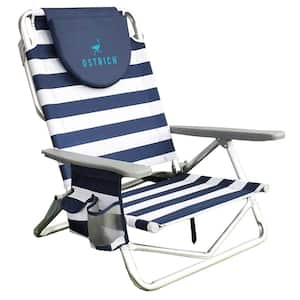 On-Your-Back Blue and White Aluminum Reclining Beach Chair