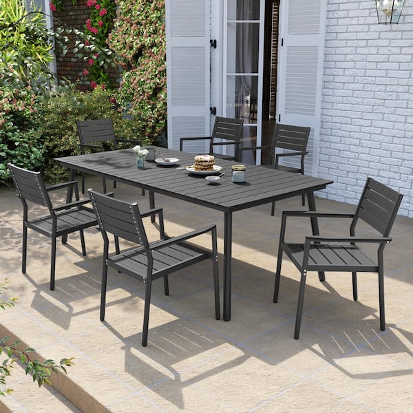 Pellebant 7-Piece Metal Aluminum Outdoor Patio Dining Set in Black with Umbrella Hole and Stackable Dining Armchairs