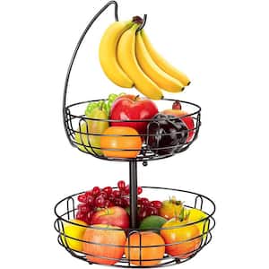 1 Piece 2-Tier Metal Fruit Basket with Detachable Banana Hanger, Bronze