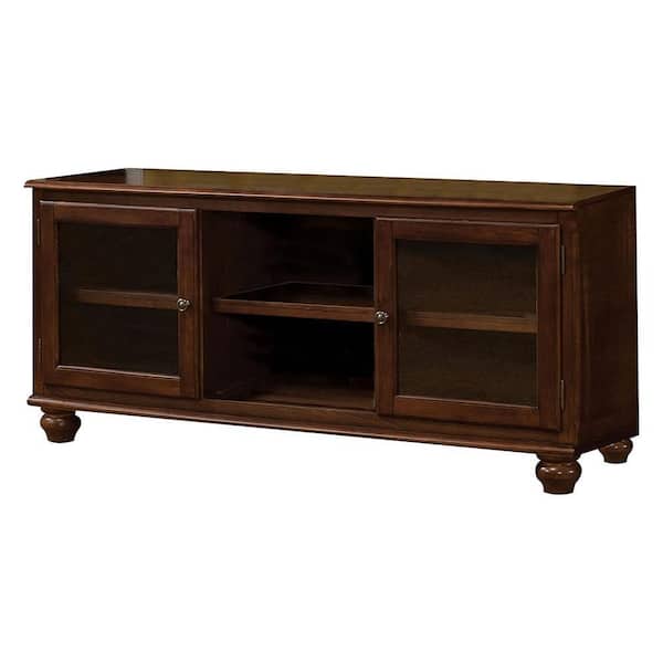 Benjara 58 in. Brown Wood TV Stand Fits TVs up to 65 in. with 2 Door and 2 Open Shelves