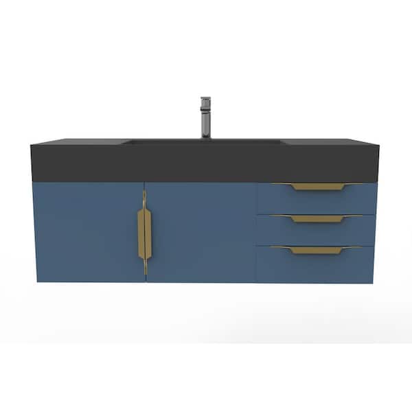 castellousa Maranon 48 in. W x 19 in. D x 19.25 in. H Single Bath Vanity in Matte Blue with Gold Trim and Black Solid Surface Top