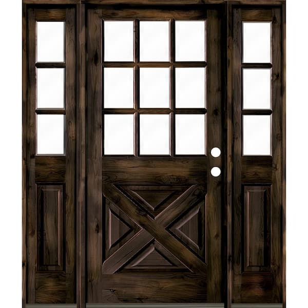 Krosswood Doors 60 in. x 80 in. Knotty Alder 2 Panel Left-Hand/Inswing Clear Glass Black Stain Wood Prehung Front Door w/Double Sidelite
