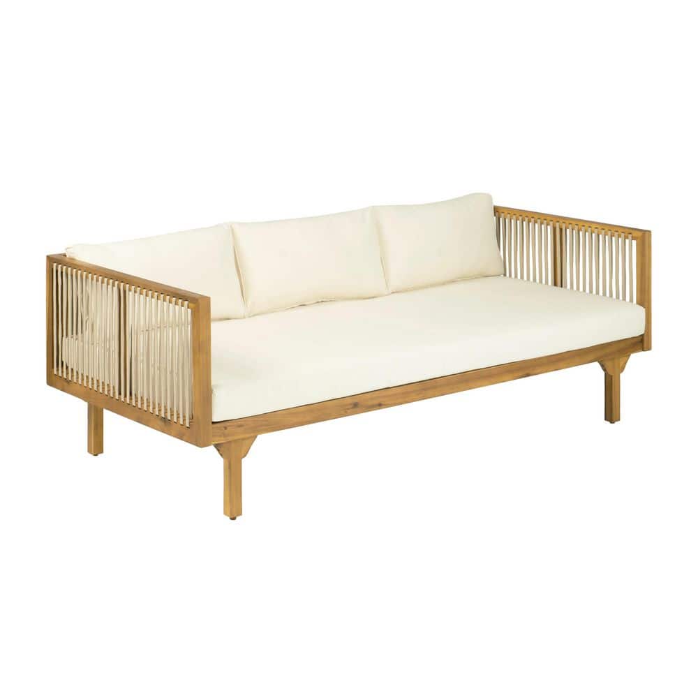 Aevon Teak Finish Acacia Wood Patio 3 Seater Sofa Outdoor Couch with Beige Cushion and Light Brown Rope