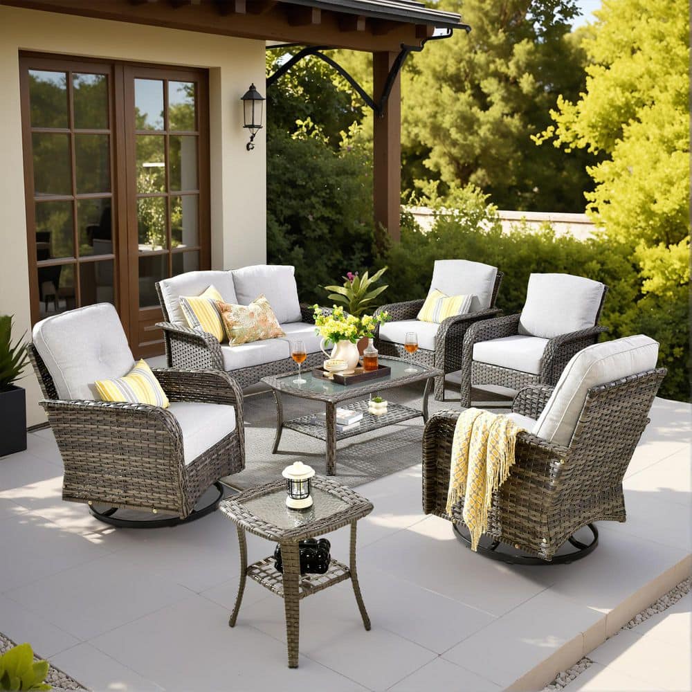 Denali Gray 7-Piece Modern Wicker Patio Conversation Sofa Seating Swivel Rocking Chairs Set with Light Gray Cushions
