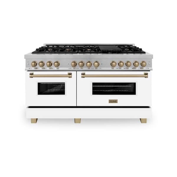 Autograph 60 in. Legacy Dual Fuel Range with 9 Burners and 2 Ovens in Satin Steel with White and Bronze Accents