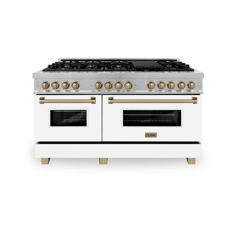 ZLINE Kitchen and Bath Autograph Edition 60 in. 9 Burner Dual Fuel Range in Fingerprint Resistant Stainless, White Matte & Champagne Bronze