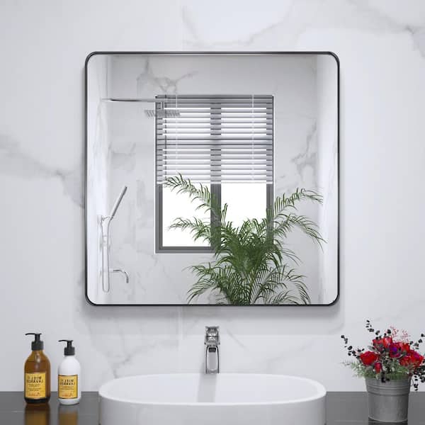 Klajowp 30 in. W x 30 in. H Large Rectangular Framed Wall Mounted Bathroom Vanity Mirror in Black