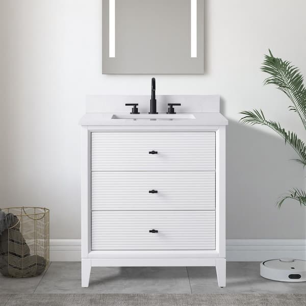 30 in. W x 22 in. D Single Sink Freestanding White Bath Vanity Cabinet with White Engineered Marble Top