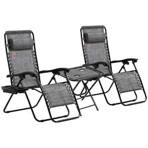 3-Piece Gray Metal Folding Zero Gravity Reclining Chair with Side Table, Cupholders and Pillows for Pool, Lawn, Beach