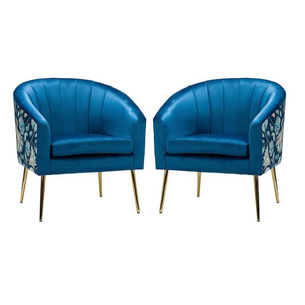 JAYDEN CREATION DARIA Golden Leg Navy Comfy Barrel Arm Chair with Tufted Back (Set of 2)