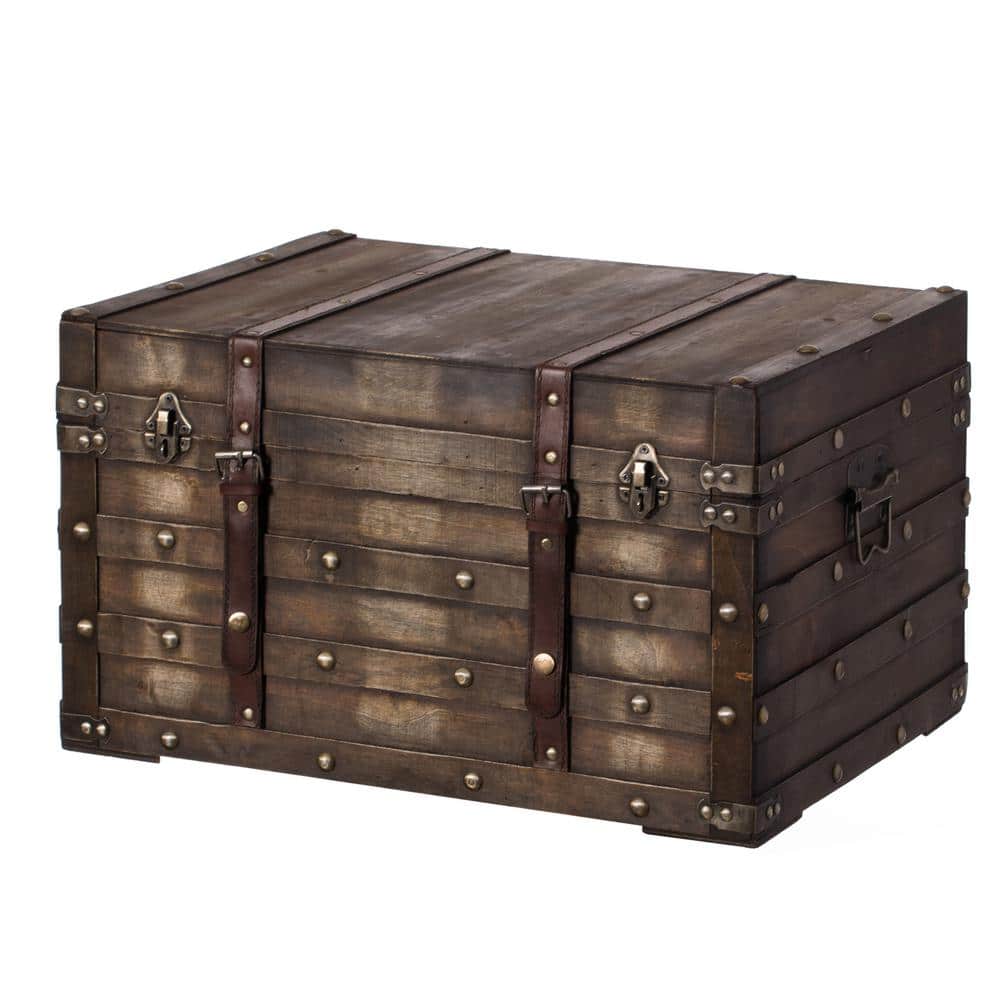 Large Distressed Brown Wooden Storage Trunk with Faux Leather Straps