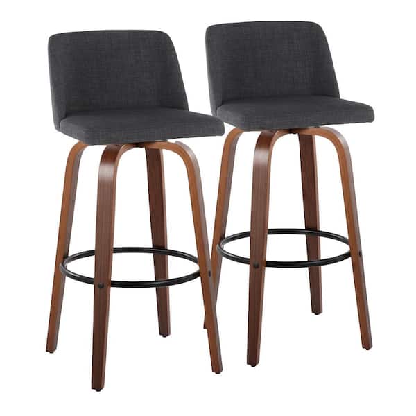 Lumisource Toriano 29.5 in. Charcoal Fabric, Walnut Wood, and Black Metal Fixed-Height Bar Stool (Set of 2)