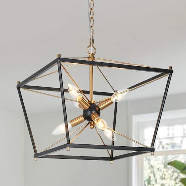 Modern Farmhouse 6-Light Black Caged Chandelier, 15.5 in. Brass Sputnik DIY Pendant Hanging Light for Dining Room, Foyer