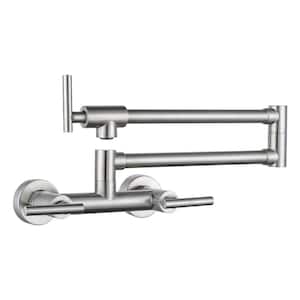 Folding Wall Mounted Pot Filler Kitchen Faucet with 3-Handles in Brushed Nickel