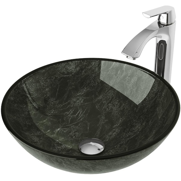 Glass Round Vessel Bathroom Sink in Onyx Gray with Linus Faucet and Pop-Up Drain in Chrome