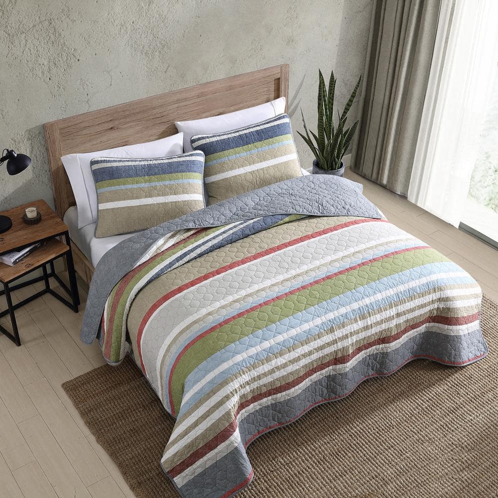 Gray and Multicolor Cotton Full Quilt Set with Reversible Design