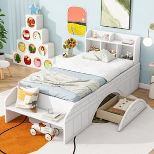 White Wood Frame Twin Size Platform Bed with 2-Drawer, Storage Headboard with Shelves, Footboard with Bench