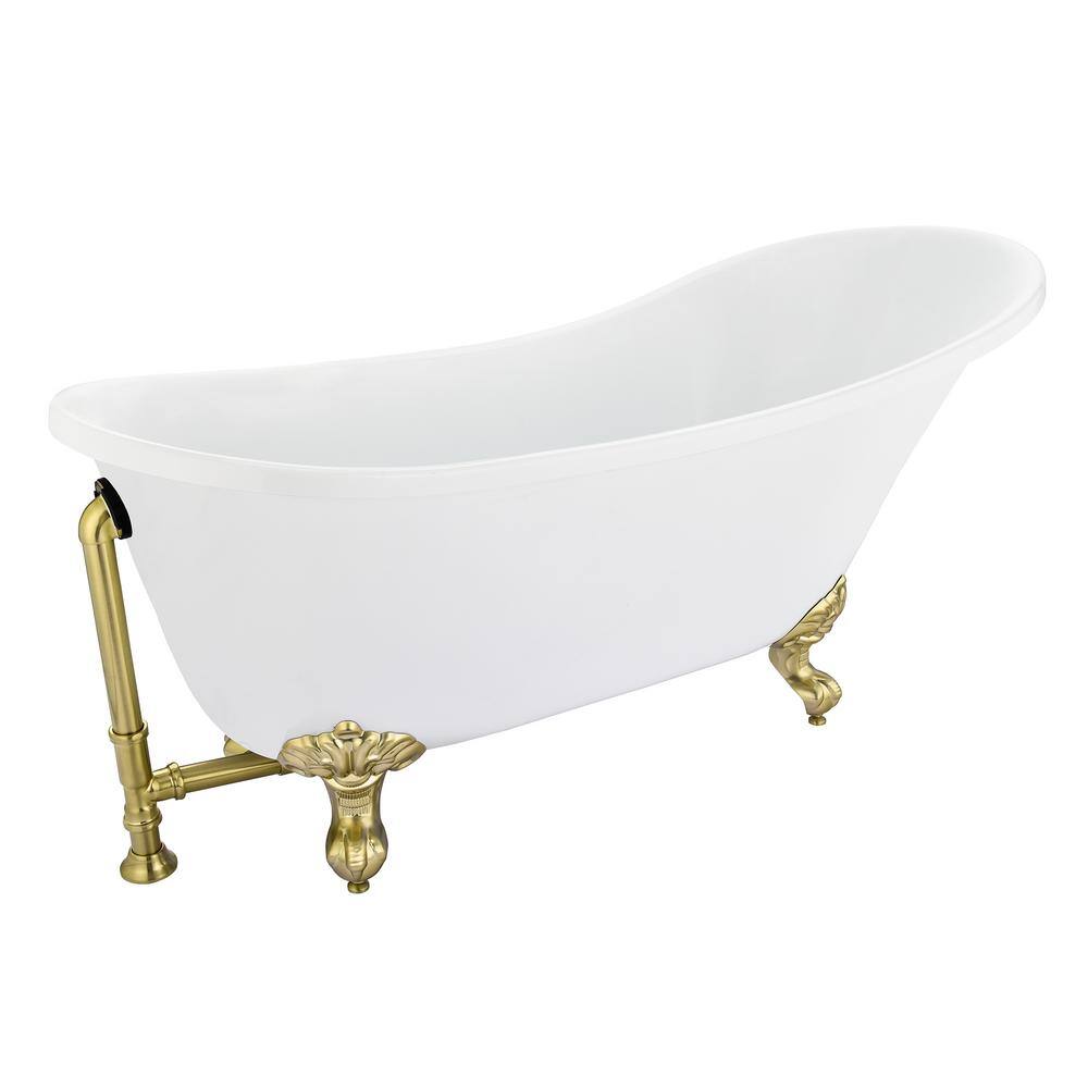 Fandi 64" White Acrylic Clawfoot Soaking Bathtub with Brass Feet