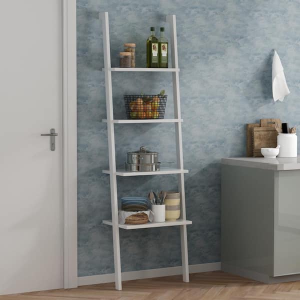 63 In White Wood Ladder 4 Shelf, White Wall Unit Bookcases
