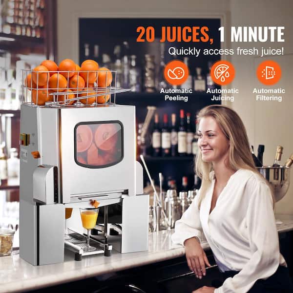 Commercial Orange Juicer Machine 120 Watt Automatic 20 Oranges/Minute Stainless Steel Pull-Out Filter Box Silver