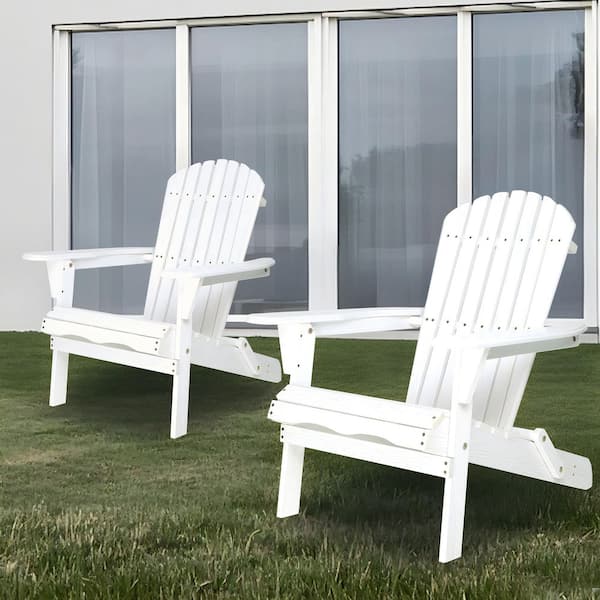 White Wooden Outdoor Folding Adirondack Chair(2-Pack), Lounge Patio Chair for Garden, Lawn, Backyard, Pool Side