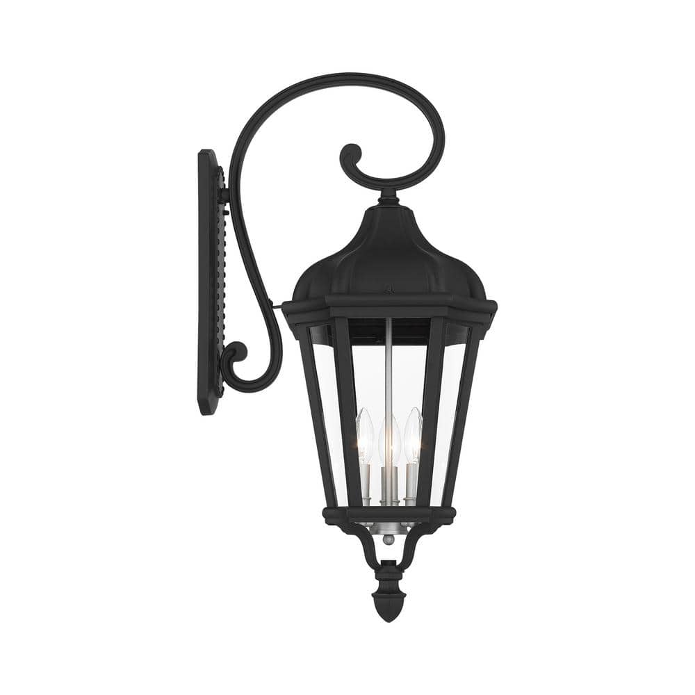 Morgan Textured Black 3-Light Outdoor Wall Lantern with Clear Glass