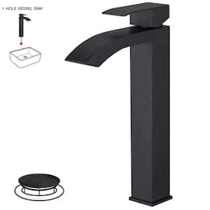 Single Hole Single Handle High Arc Vessel Sink Faucet Bathroom FaucetWith Pop Up Drain Without Overflow in Matte Black