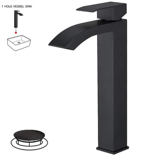 BWE Single Hole Single Handle High Arc Vessel Sink Faucet Bathroom FaucetWith Pop Up Drain Without Overflow in Matte Black