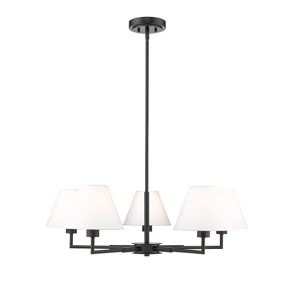Leila 5-Light Matte Black Chandelier with White Linen Fabric Shades