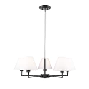 Leila 5-Light Matte Black Chandelier with White Linen Fabric Shades