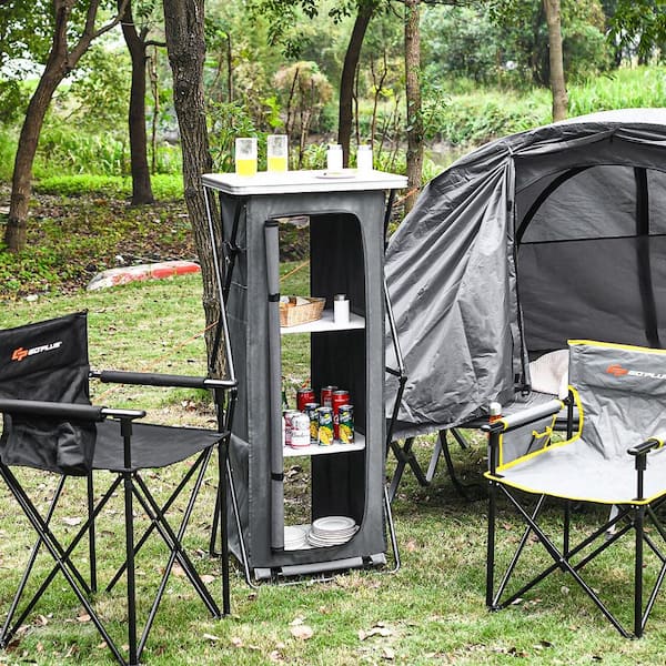 Grey Portable Outdoor Camping Storage Cabinet Folding Organizer Kitchen Table W/3-Shelves and Carry Bag For BBQ 35 in. H