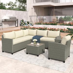 Gray 5-Piece PE Rattan Wicker Outdoor Sectional Furniture Set with Beige Market Cushions Glass Coffee Table