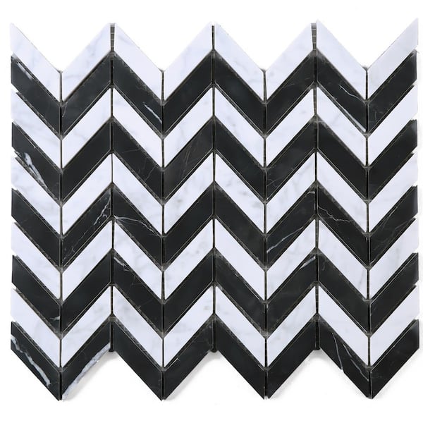 MOLOVO Carrara White 9.85 in. x 12.09 Chevron Polished Marble Mosaic Tile Sample