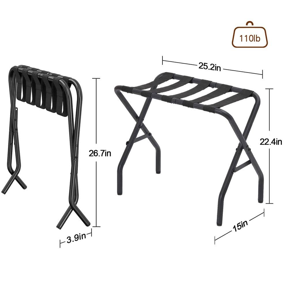 Black Foldable Steel Luggage Rack with Nylon Straps (2-Pack)