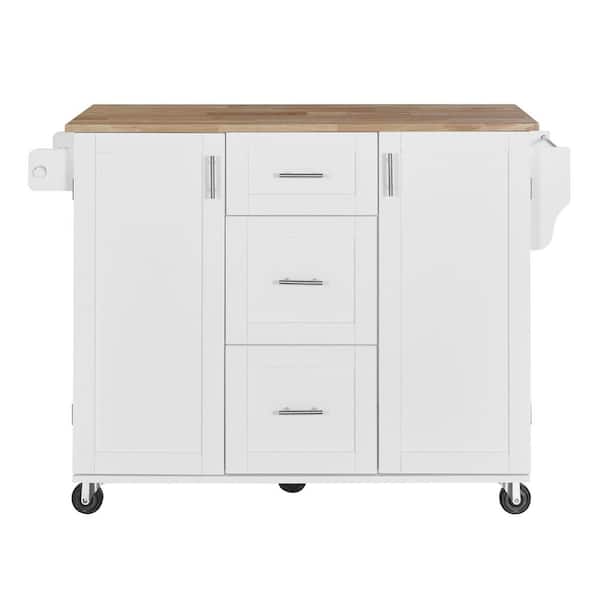 Unbranded Rolling White Kitchen Cart with Rubber Wood Top, 3-Drawer, 2 Slide-Out Shelf and Internal Storage Rack