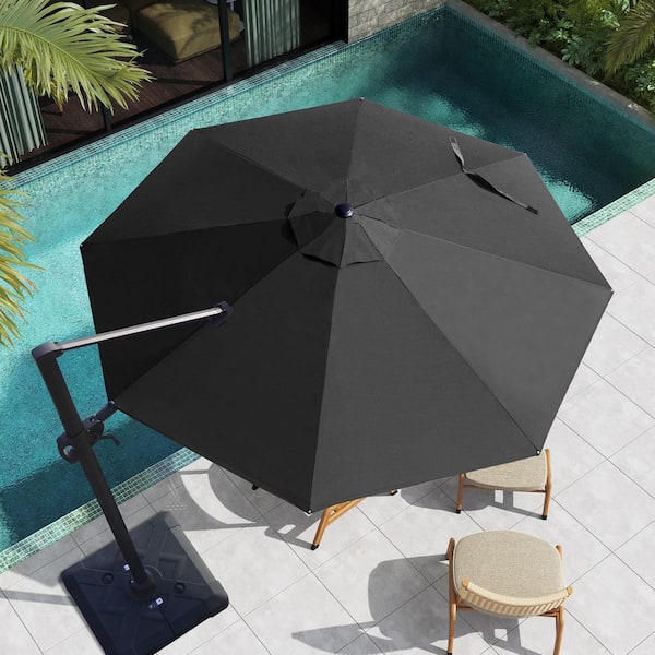 Pellebant 11 ft. x 11 ft. Round Aluminum Outdoor Heavy Duty 360° Swivel Cantilever Patio Umbrella in Black with Umbrella Stand