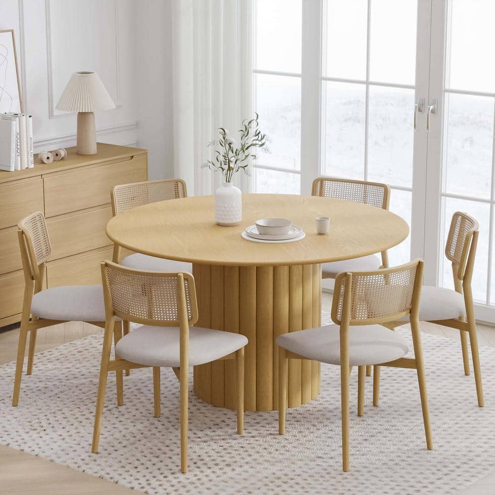 52 in. Natural Oak Wood Color Column Pedestal Round Kitchen Table Dining Table Seats 4 price history on PriceWatchPro