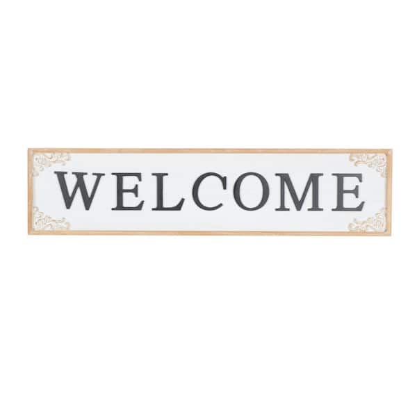 Litton Lane 11 in. x 46 in. Wooden White Welcome Sign Wall Art Decor with Scroll Details