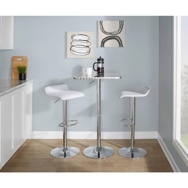 Bistro Square-Ale 3-Piece Chrome Metal, White Faux Leather, and Silver Metal Top Bar Set