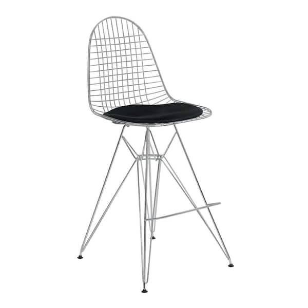 Armen Living Aquila 28 in. Black Faux Leather and Chrome Finish Wire Bar Stool