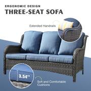 Daydreamer Gray 6-Piece Wicker Patio Fire Pit Set with Denim Blue Cushions and Swivel Rocking Chairs