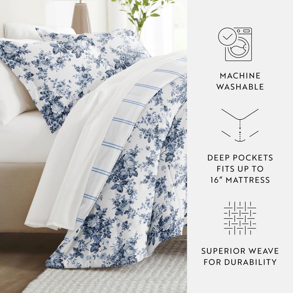 Twin XL White and Blue Floral Microfiber Bedding Set
