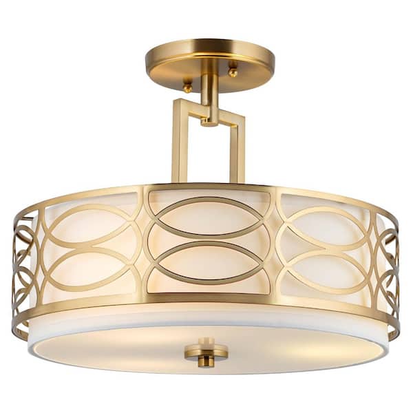Kira Home Sienna 14.5 in. 60-Watt 3-Light Cool Brass Modern Semi-Flush with White Shade, No Bulb Included