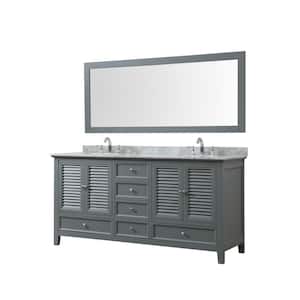 Shutter 72 in. W Bath and Makeup Hybrid Vanity in Gray with Carrara White Marble Vanity Top with White Basins and Mirror