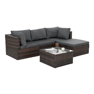 Brown 5-Piece Wicker Outdoor Patio Conversation Set With Tempered Glass Coffee Table and Gray Cushions