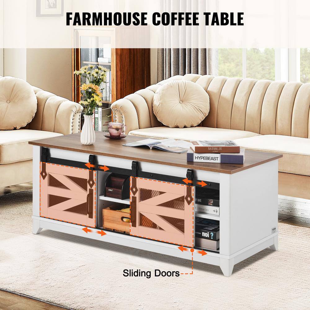 48" White and Walnut Wood Lift-Top Farmhouse Coffee Table